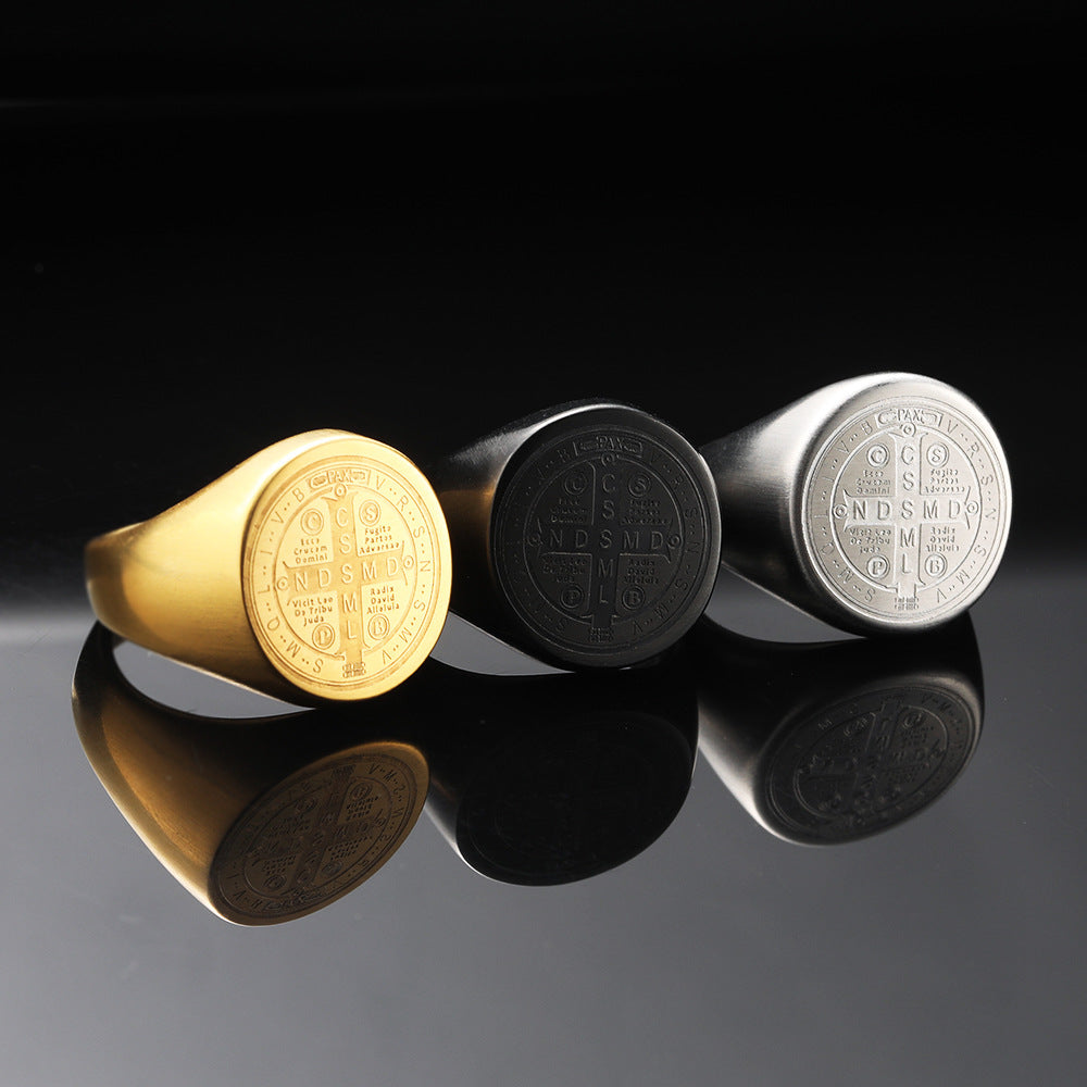 NorthRune Saint Benedict Signet Ring | Titanium Steel Vintage Men's Ring