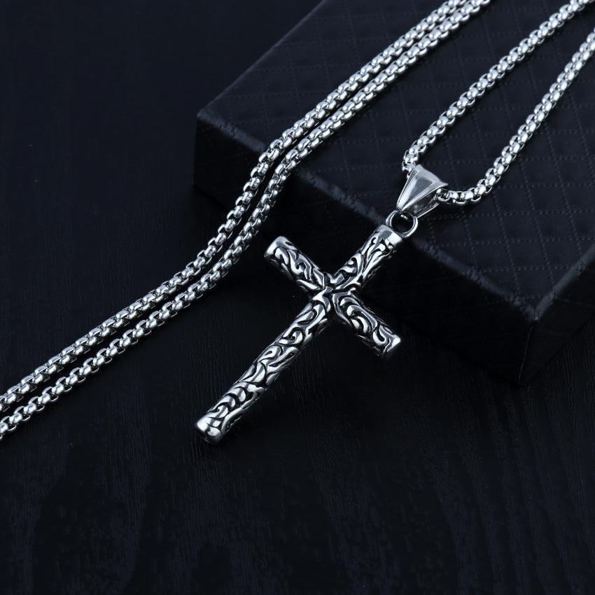 NorthRune Carved Cross Pendant Necklace | Stainless Steel Chain | Vintage Unisex Style