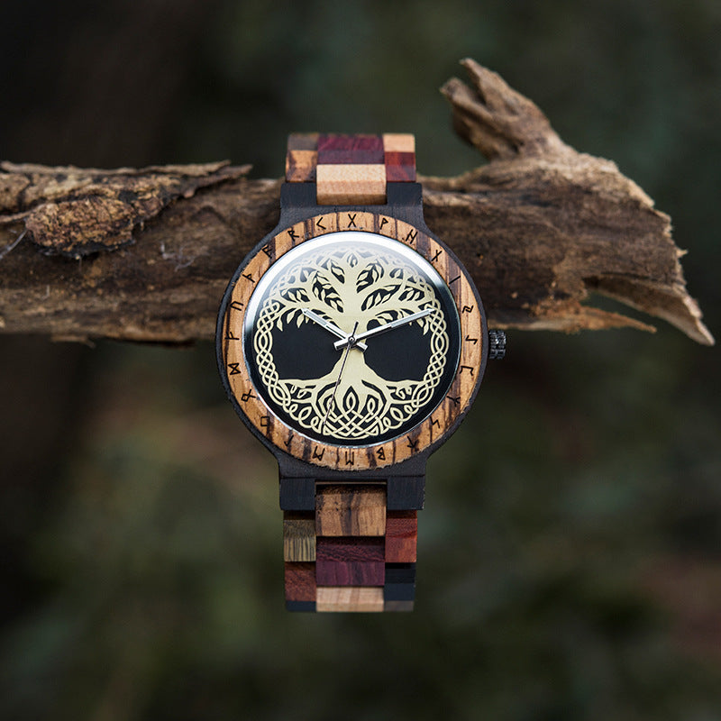 NorthRune Yggdrasil Wooden Watch | Viking Tree of Life Rune Watch | Norse Quartz Watch