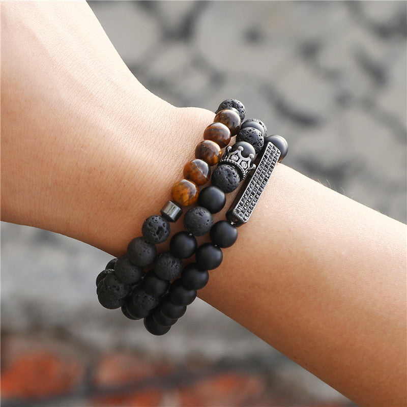 NorthRune Frosted Lava Stone Bracelet Set | Black Beaded Men’s Bracelet | Nordic Style