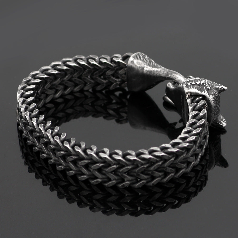 NorthRune Wolf Head Cuban Chain Bracelet | Titanium Steel Men’s Viking Bracelet | Black Vintage Style