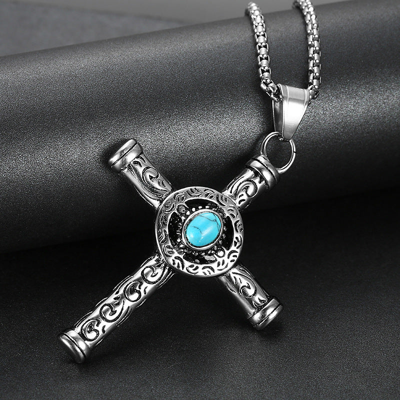 NorthRune Turquoise Cross Pendant Necklace | Stainless Steel Vintage Cross | Chain Option