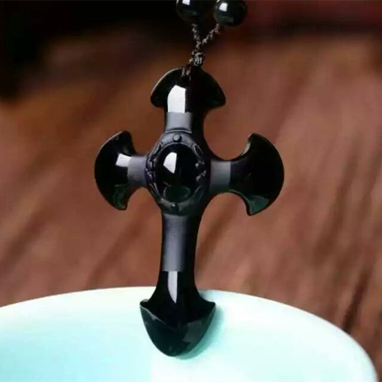 NorthRune Natural Obsidian Cross Necklace | Black Stone Beaded Unisex Necklace | Gothic Style