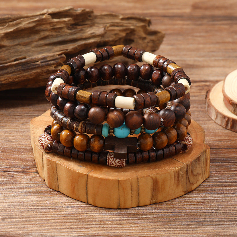 NorthRune Handmade Wooden Bead Bracelet Set | 5-Piece Turquoise & Brown Unisex Bracelet | Retro Nordic Style