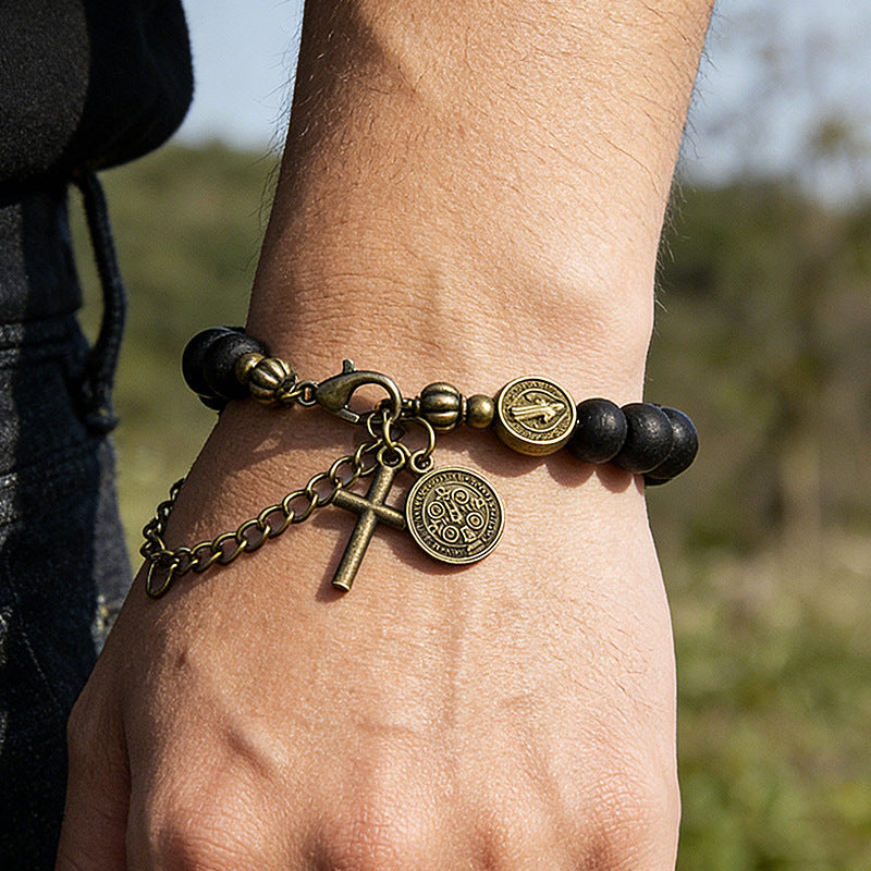 NorthRune Retro Wooden Bead Cross Bracelet | Black Unisex Nordic Bracelet