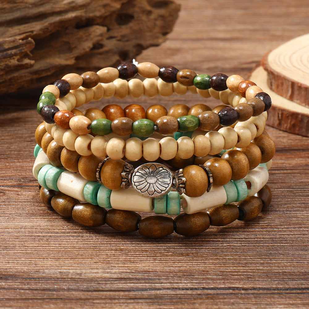 NorthRune Wooden Beaded Bracelet Set | 5-Piece Multicolour Unisex Bracelet | Floral Nordic Style