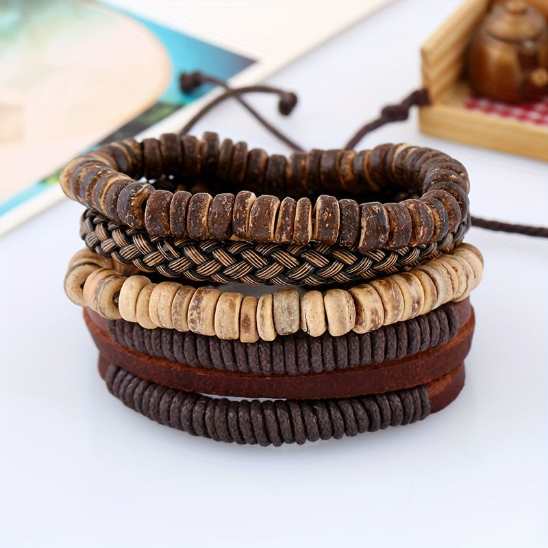 NorthRune Hand-Woven Bracelet Set | 4-Piece Wood & Leather Unisex Bracelet | Retro Nordic Style