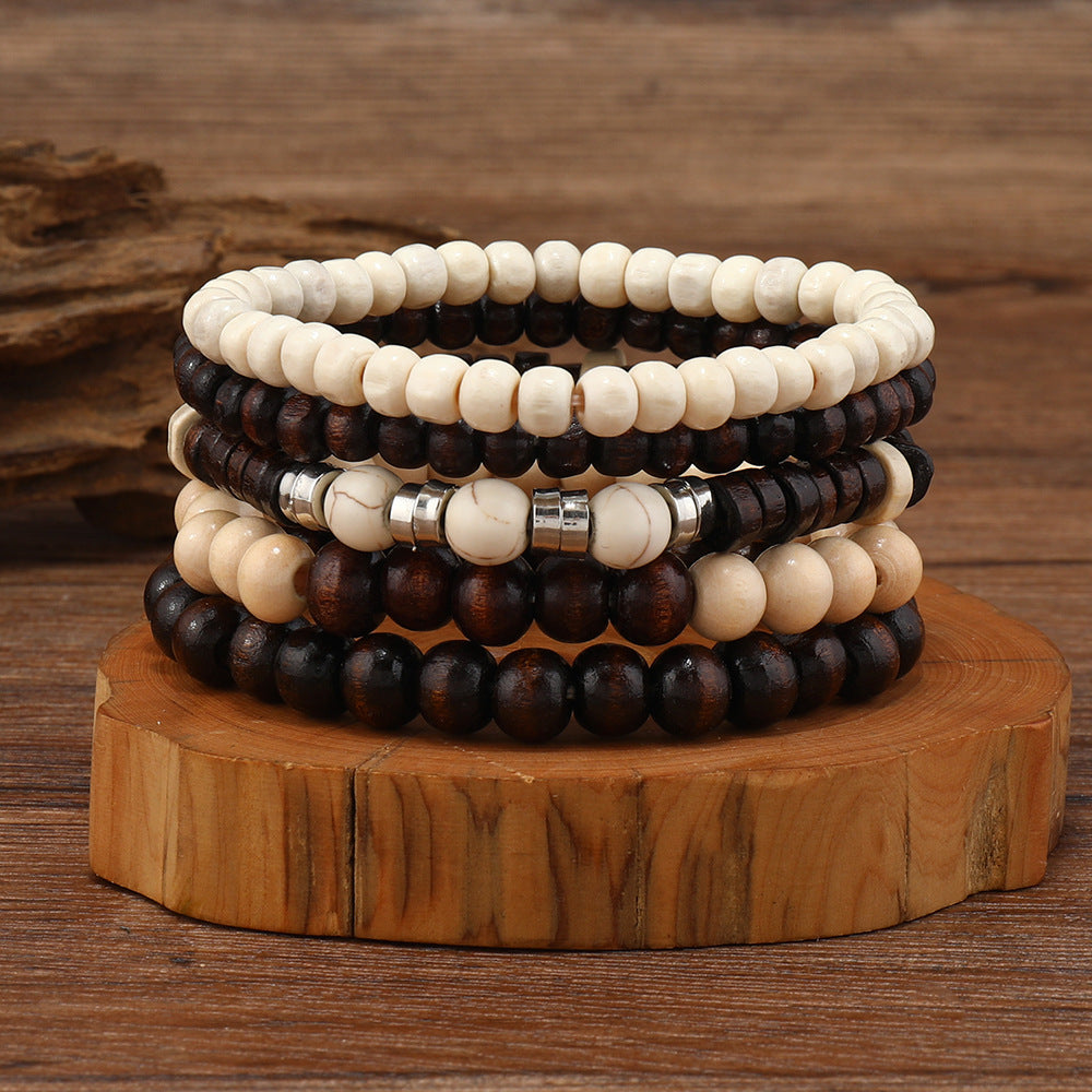 NorthRune Men’s Beaded Bracelet Set | Wood & Stone Contrast Bracelet | Retro Nordic Style