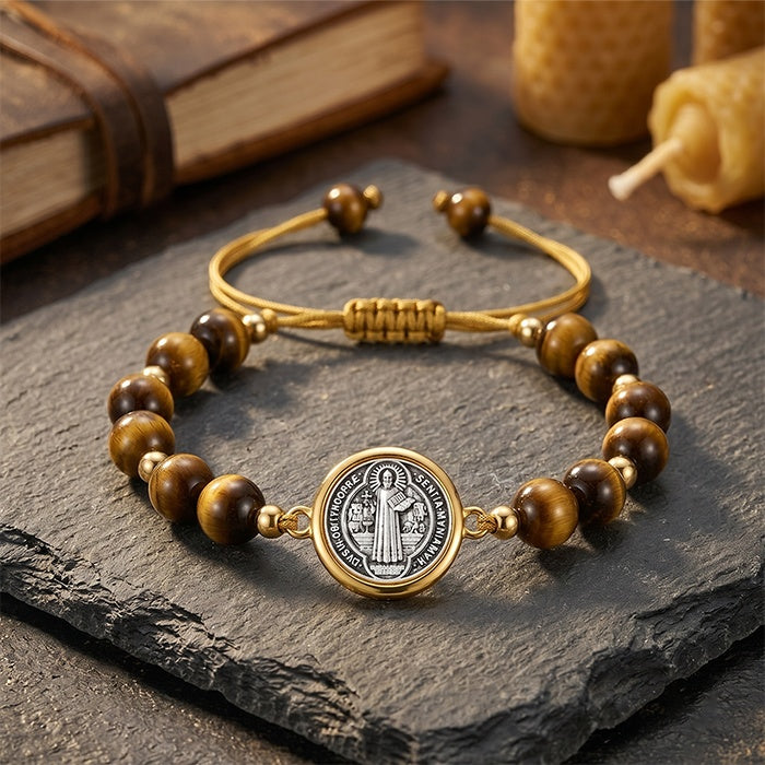 NorthRune Saint Benedict Tiger Eye Bracelet | Natural Stone Adjustable Unisex Bracelet