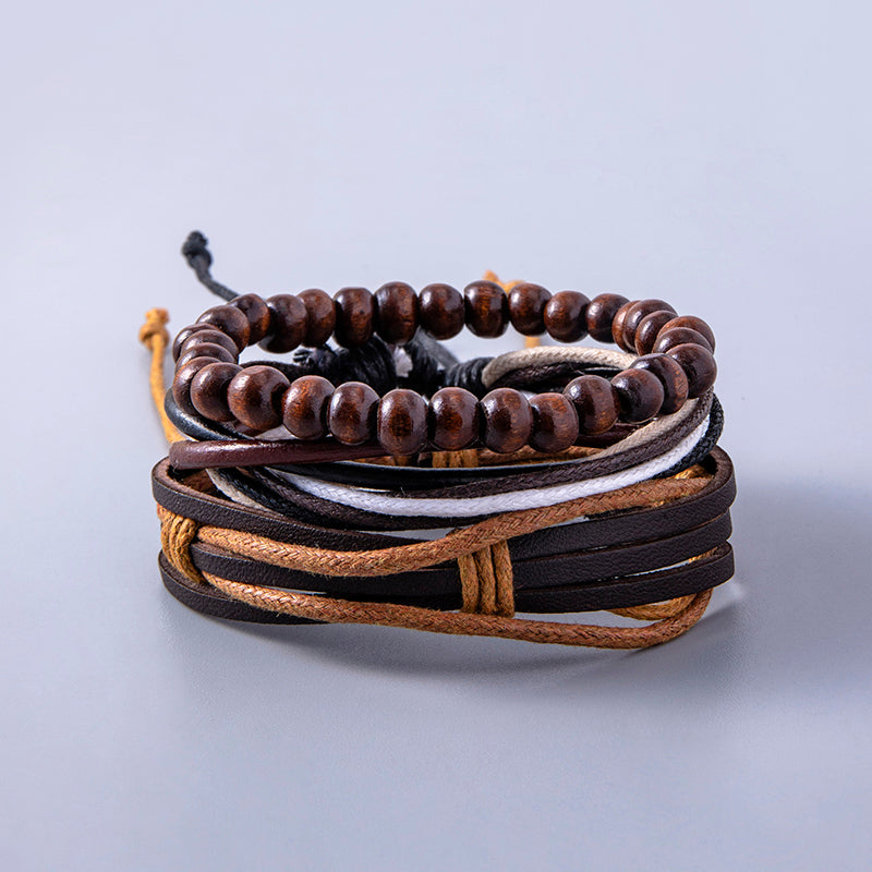 NorthRune Vintage Leather Wrap Bracelet | Adjustable Wooden Beaded Bracelet