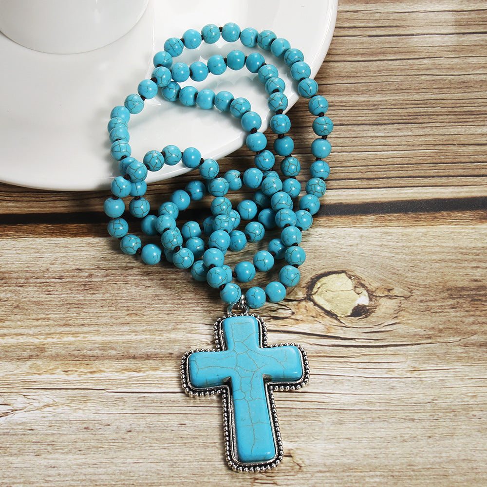 NorthRune Natural Stone Cross Necklace | Long Beaded Pendant | 4 Colour Options