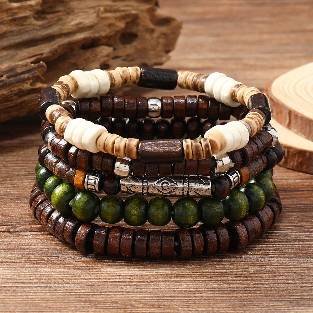 NorthRune Handmade Beaded Bracelet Set | 5-Piece Wood & Metal Unisex Bracelet | Retro Nordic Style