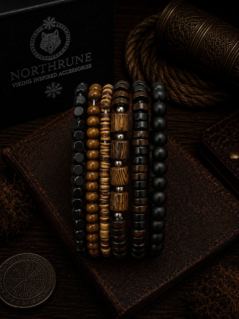 NorthRune Midnight Wood Bead Bracelet Set